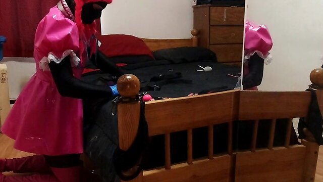 Self bondage with a collared crossdresser maid and an armbinder