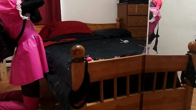 Self bondage with a collared crossdresser maid and an armbinder