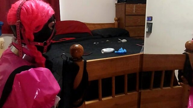 Self bondage with a collared crossdresser maid and an armbinder