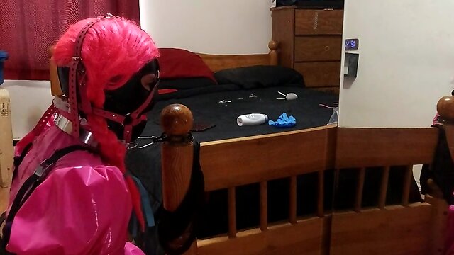 Self bondage with a collared crossdresser maid and an armbinder