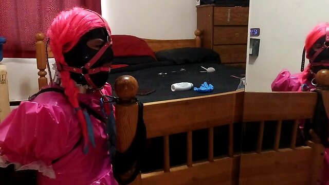 Self bondage with a collared crossdresser maid and an armbinder