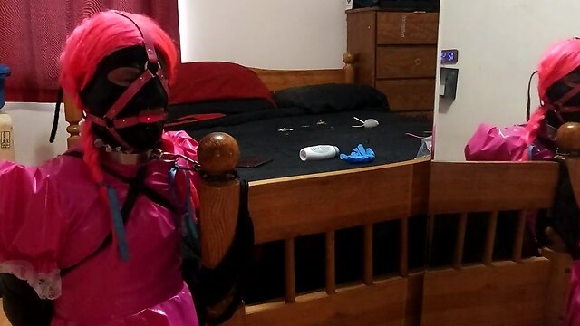 Self bondage with a collared crossdresser maid and an armbinder