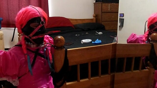 Self bondage with a collared crossdresser maid and an armbinder