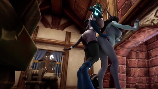 Demon trans person and pregnant elf intimate moment by fireplace