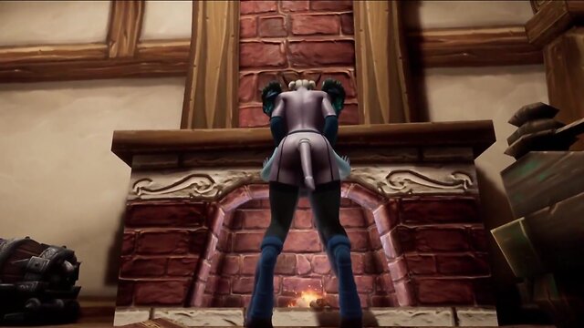 Demon trans person and pregnant elf intimate moment by fireplace