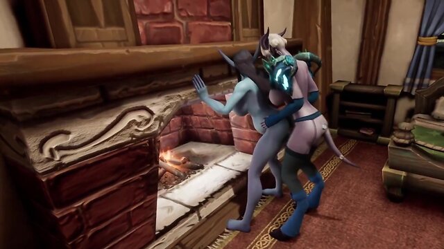 Demon trans person and pregnant elf intimate moment by fireplace