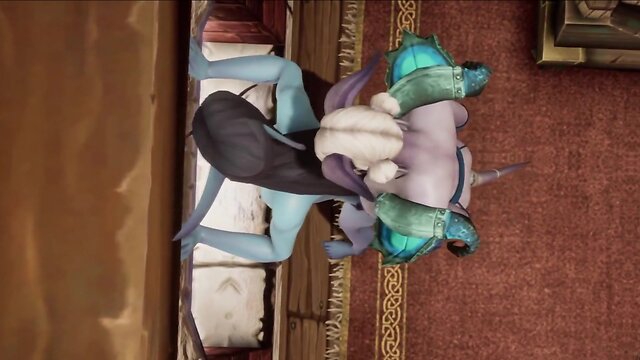 Demon trans person and pregnant elf intimate moment by fireplace