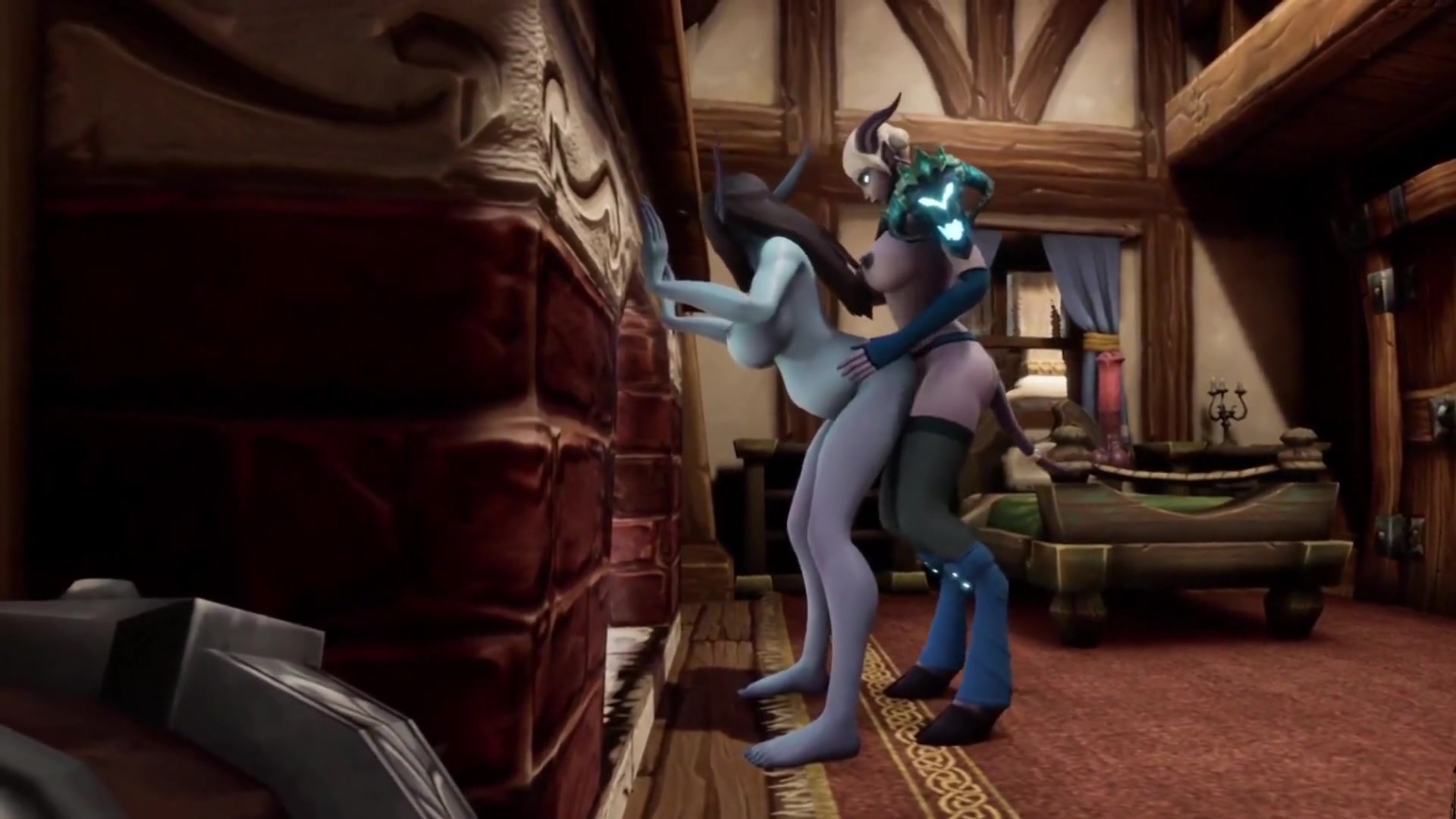 Demon trans person and pregnant elf intimate moment by fireplace