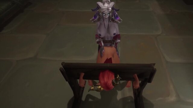 Redhead elf engages in bdsm trio in dungeon: warcraft parody