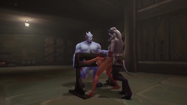 Redhead elf engages in bdsm trio in dungeon: warcraft parody
