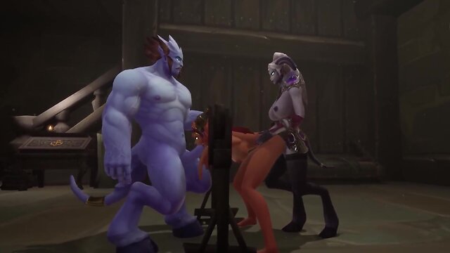 Redhead elf engages in bdsm trio in dungeon: warcraft parody
