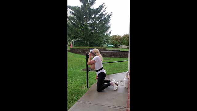 Deedeeslut69 working out with toy in hot pink skirt and white top