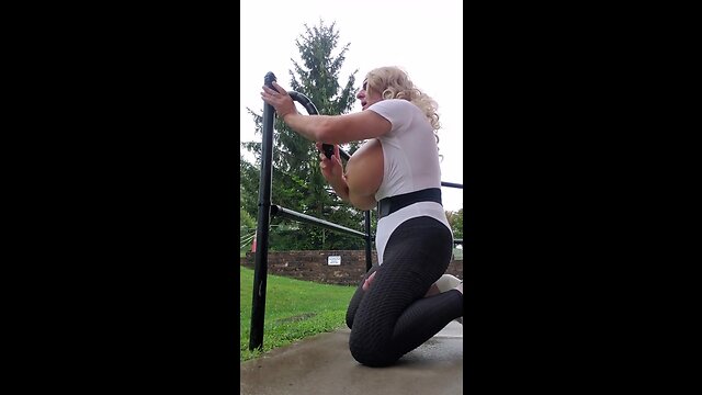 Deedeeslut69 working out with toy in hot pink skirt and white top