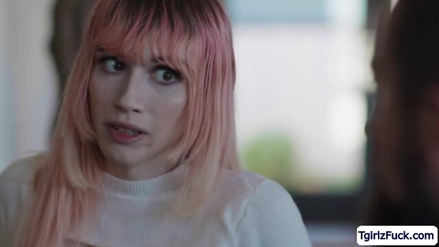 Hunk stepdad engages in hardcore intercourse with pretty blonde transsexual.