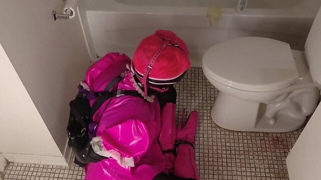 Bound sissy maid in bathroom