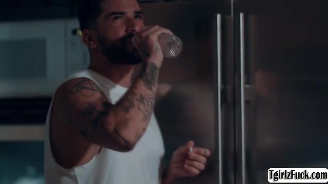 Straight man receives a big cock from a skinny transsexual