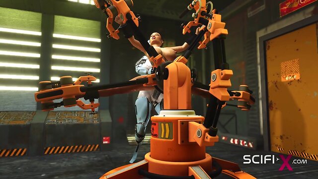 Robot shemale fucks busty brunette in sci-fi lab