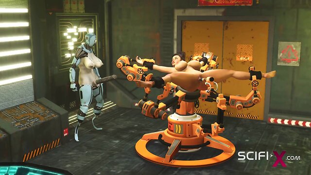 Robot shemale fucks busty brunette in sci-fi lab
