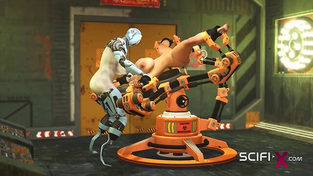 Robot shemale fucks busty brunette in sci-fi lab
