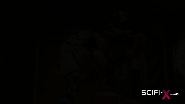 Robot shemale fucks busty brunette in sci-fi lab