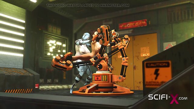 Robot shemale fucks busty brunette in sci-fi lab