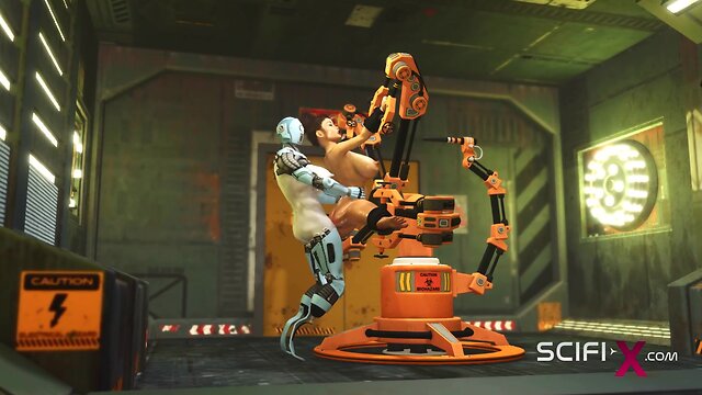 Robot shemale fucks busty brunette in sci-fi lab