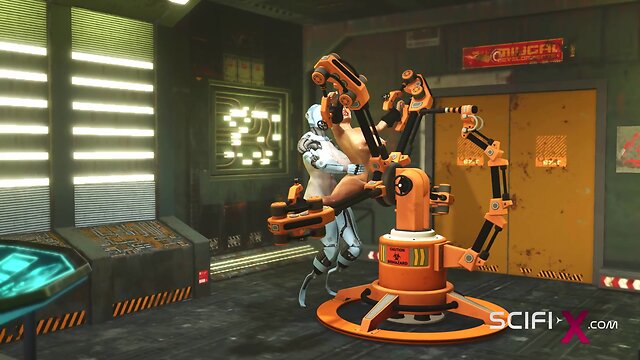 Robot shemale fucks busty brunette in sci-fi lab