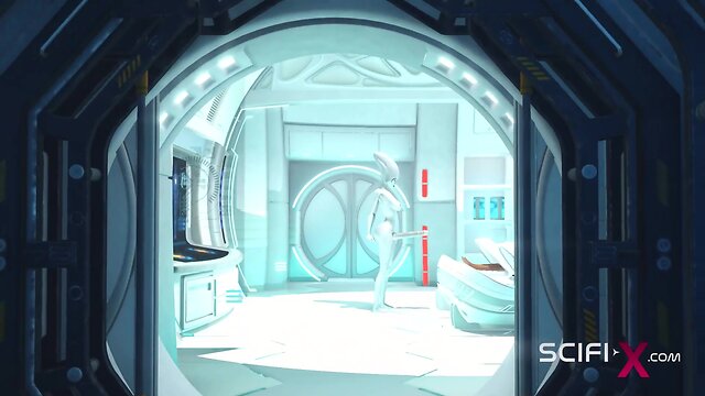 Alien dickgirl fucks sexy horny girl in sci-fi lab