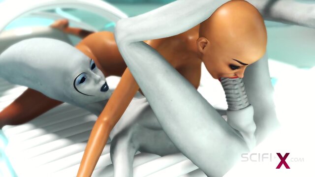 Alien dickgirl fucks sexy horny girl in sci-fi lab