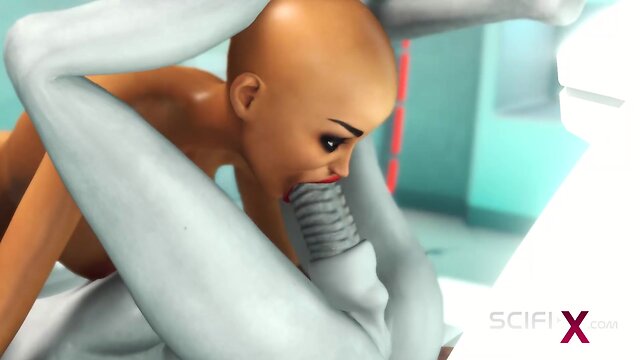 Alien dickgirl fucks sexy horny girl in sci-fi lab