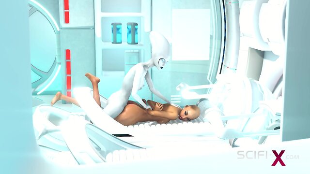 Alien dickgirl fucks sexy horny girl in sci-fi lab