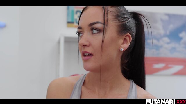 Futa brunette erupts with orgasmic release in gym