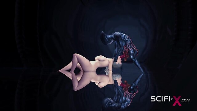 Alien encounter in a dark cave with a horny blonde