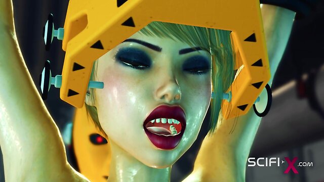 Futa android: horny & cuffed young brunette sucks dick and gets fucked