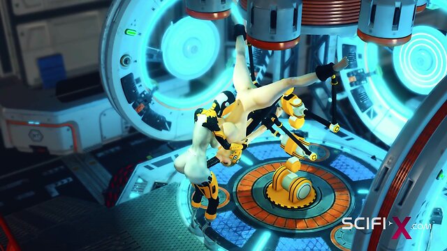 Futa android: horny & cuffed young brunette sucks dick and gets fucked