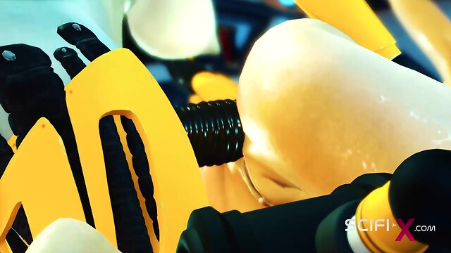 Futa android: horny & cuffed young brunette sucks dick and gets fucked