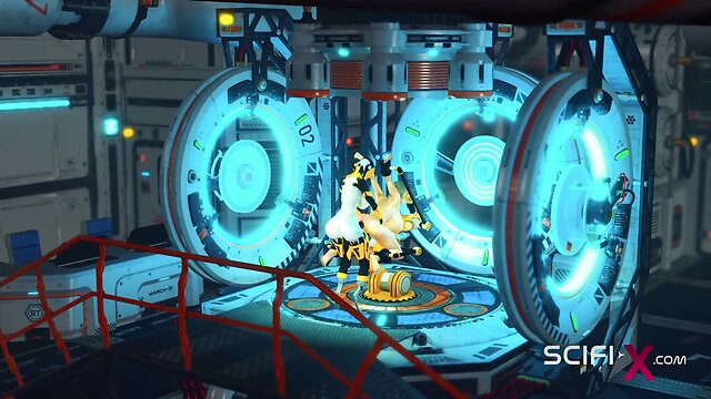 Futa android: horny & cuffed young brunette sucks dick and gets fucked