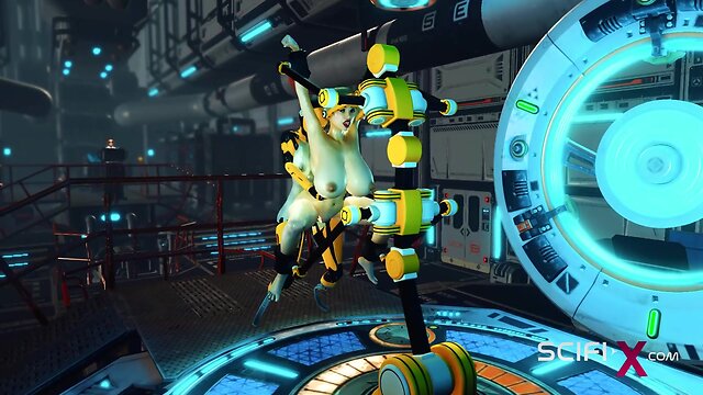 Futa android: horny & cuffed young brunette sucks dick and gets fucked