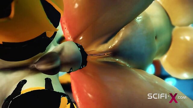 Futa android: horny & cuffed young brunette sucks dick and gets fucked