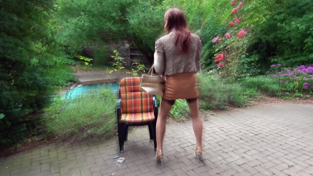 Leather miniskirt, nylon stockings & sheer blouse cumshot
