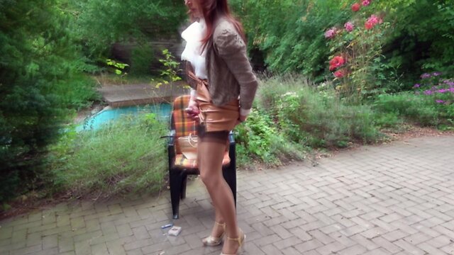 Leather miniskirt, nylon stockings & sheer blouse cumshot