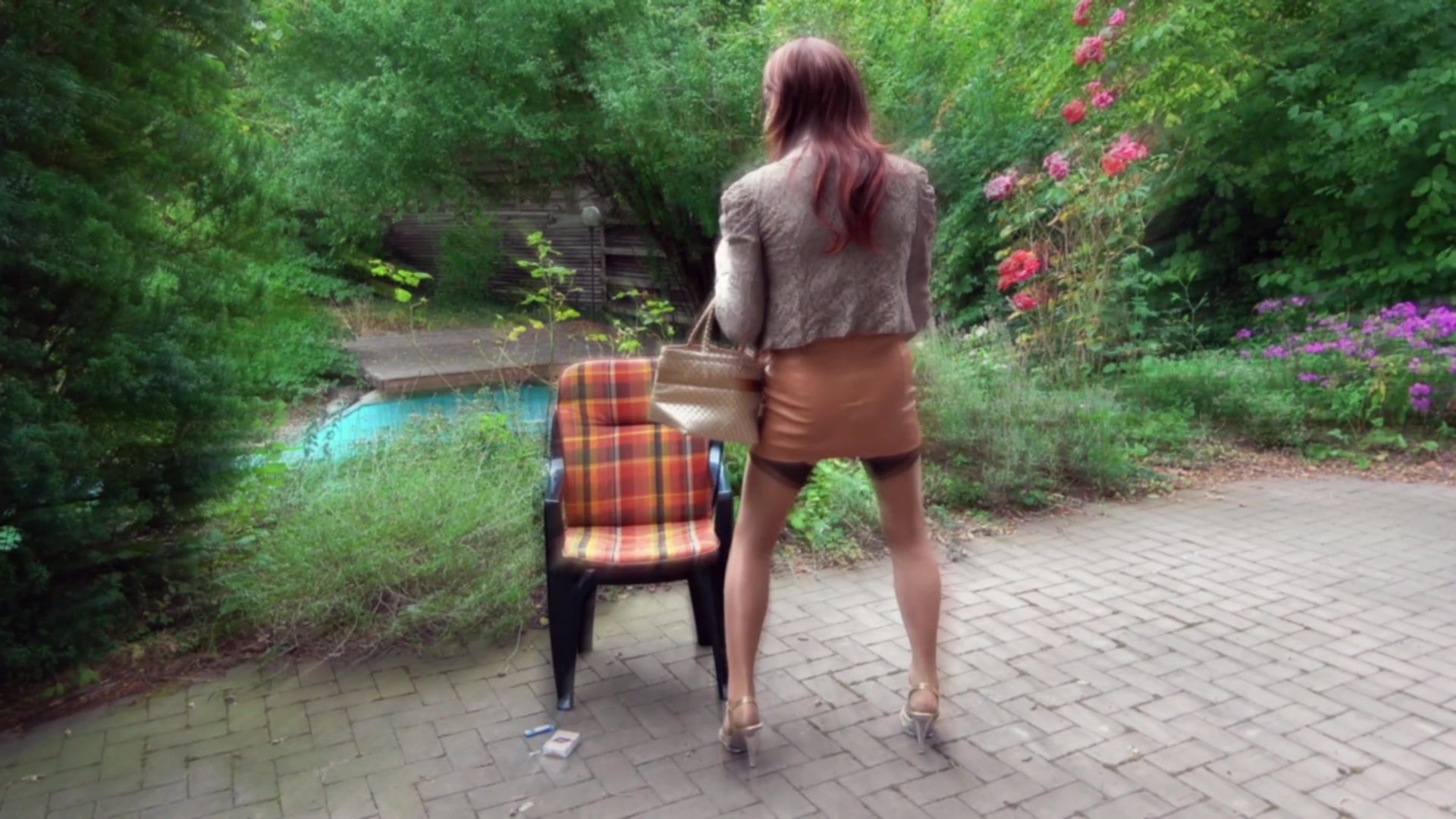 Leather miniskirt, nylon stockings & sheer blouse cumshot