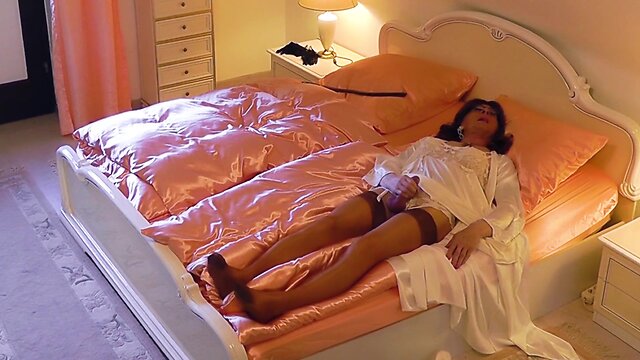 Early morning cumshot in silk satin and nylon stockings