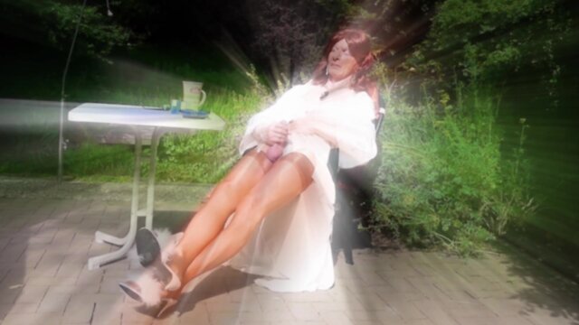 Early morning cumshot in silk satin and nylon stockings