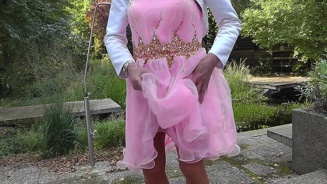 Mature Sissy Pleases with Anal Toys in Satin & Stockings