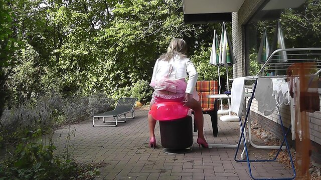 Mature Sissy Pleases with Anal Toys in Satin & Stockings