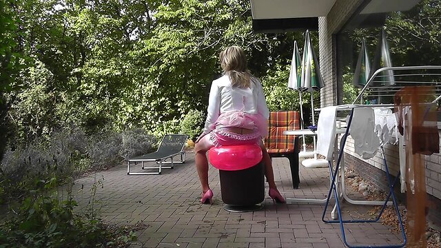 Mature Sissy Pleases with Anal Toys in Satin & Stockings