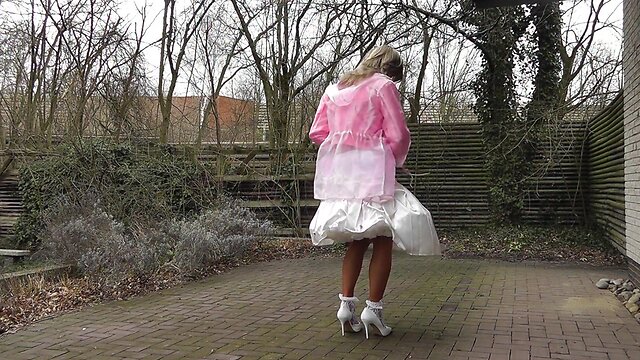 Sissy in satin petticoat and nylon stockings cumshot