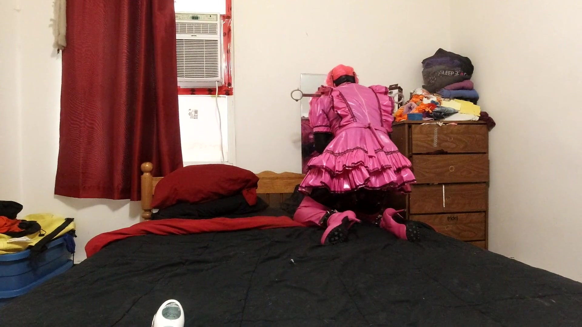 Sissy maid orgasm in chastity during self-bondage