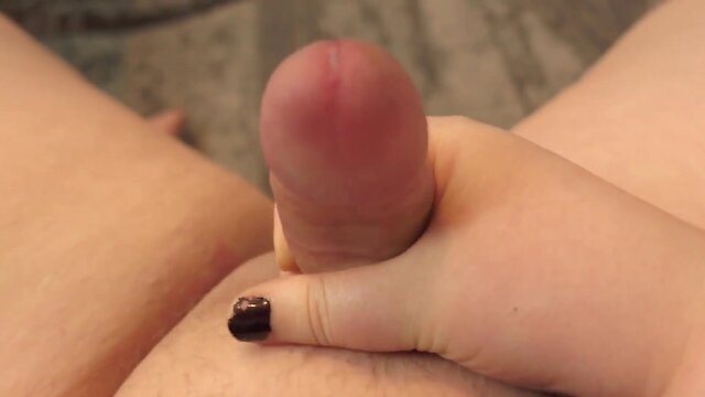 Closeup of chubby transperson jerking off and cumshots